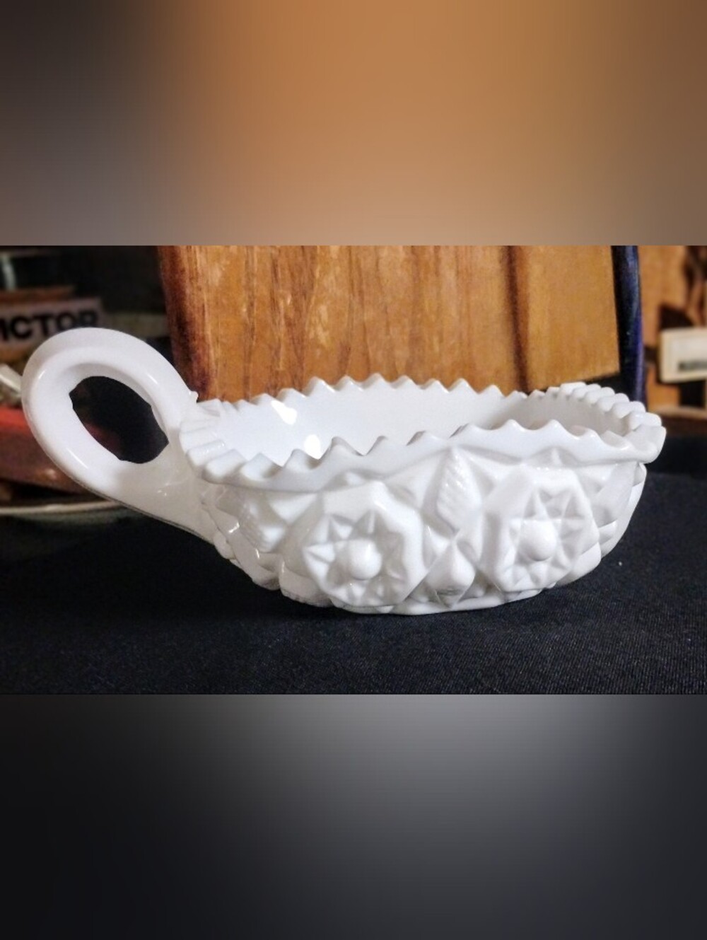 Vintage McKee Milk Glass Toltec Pattern Handled Nappy Dish Candy Bowl Sawtooth